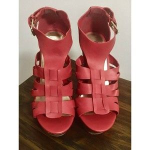 Guess Sandals Red with Block Chunky Heels and Gold Buckles Size 7.5 M